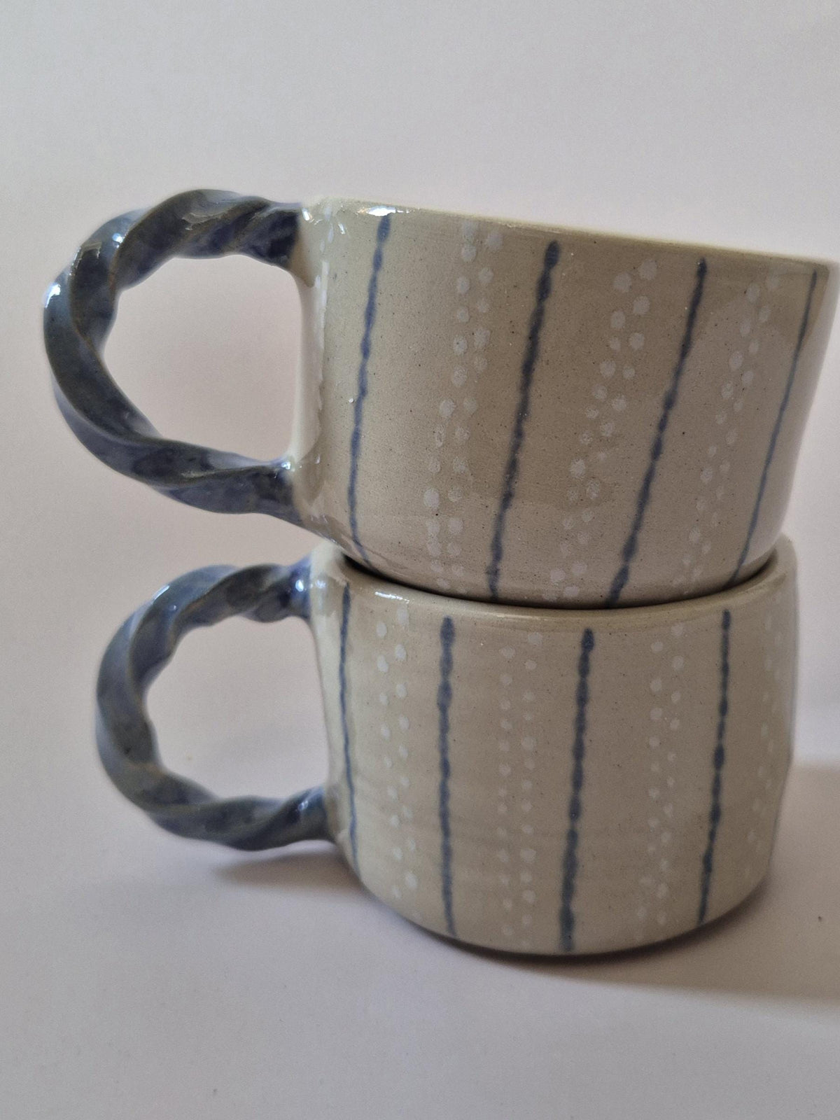 Handmade Decorative Ceramic Mug – Blue Stripe Stoneware Cup – Twisted Handle Option