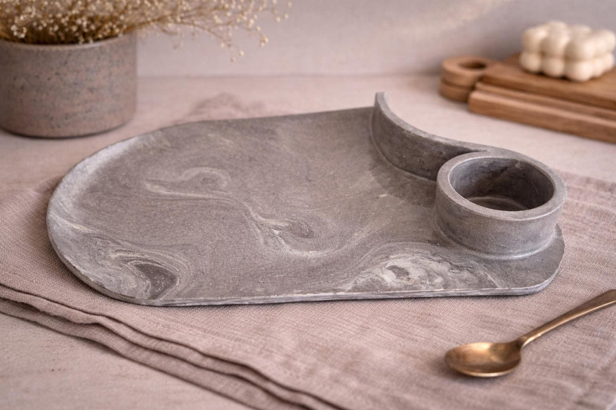 Handmade Marbled Stoneware Charcuterie Board with Dip Bowl | Luxury Ceramic Serving Platter | Unique Tapas Board