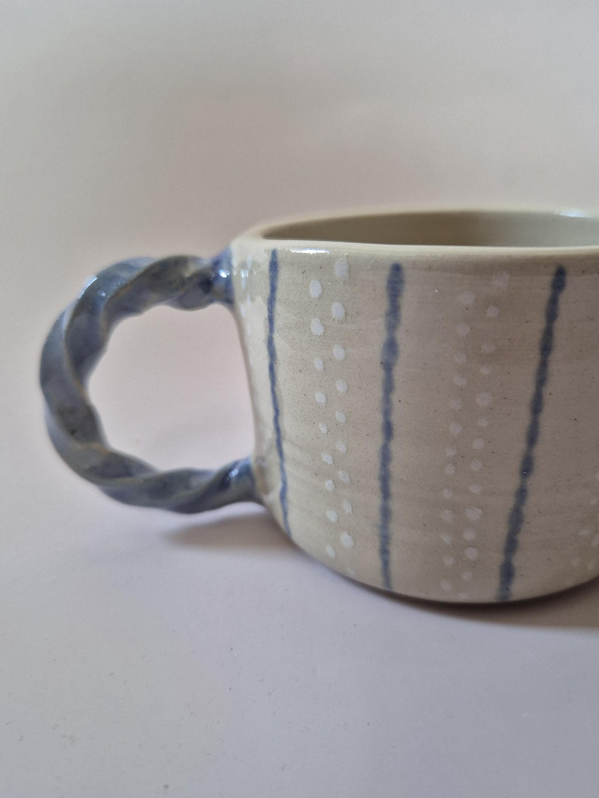 Handmade Decorative Ceramic Mug – Blue Stripe Stoneware Cup – Twisted Handle Option
