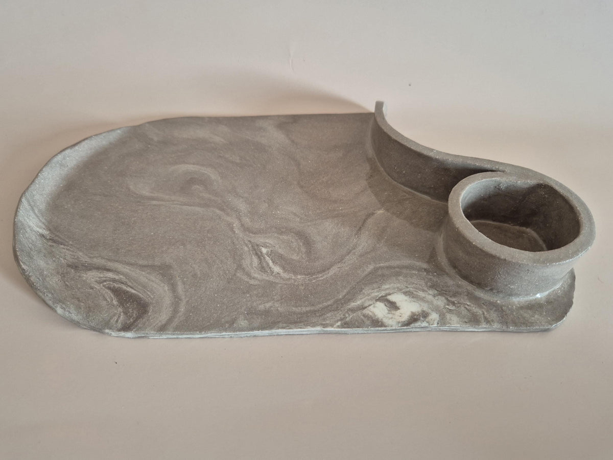 Handmade Marbled Stoneware Charcuterie Board with Dip Bowl | Luxury Ceramic Serving Platter | Unique Tapas Board