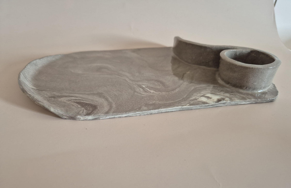 Handmade Marbled Stoneware Charcuterie Board with Dip Bowl | Luxury Ceramic Serving Platter | Unique Tapas Board
